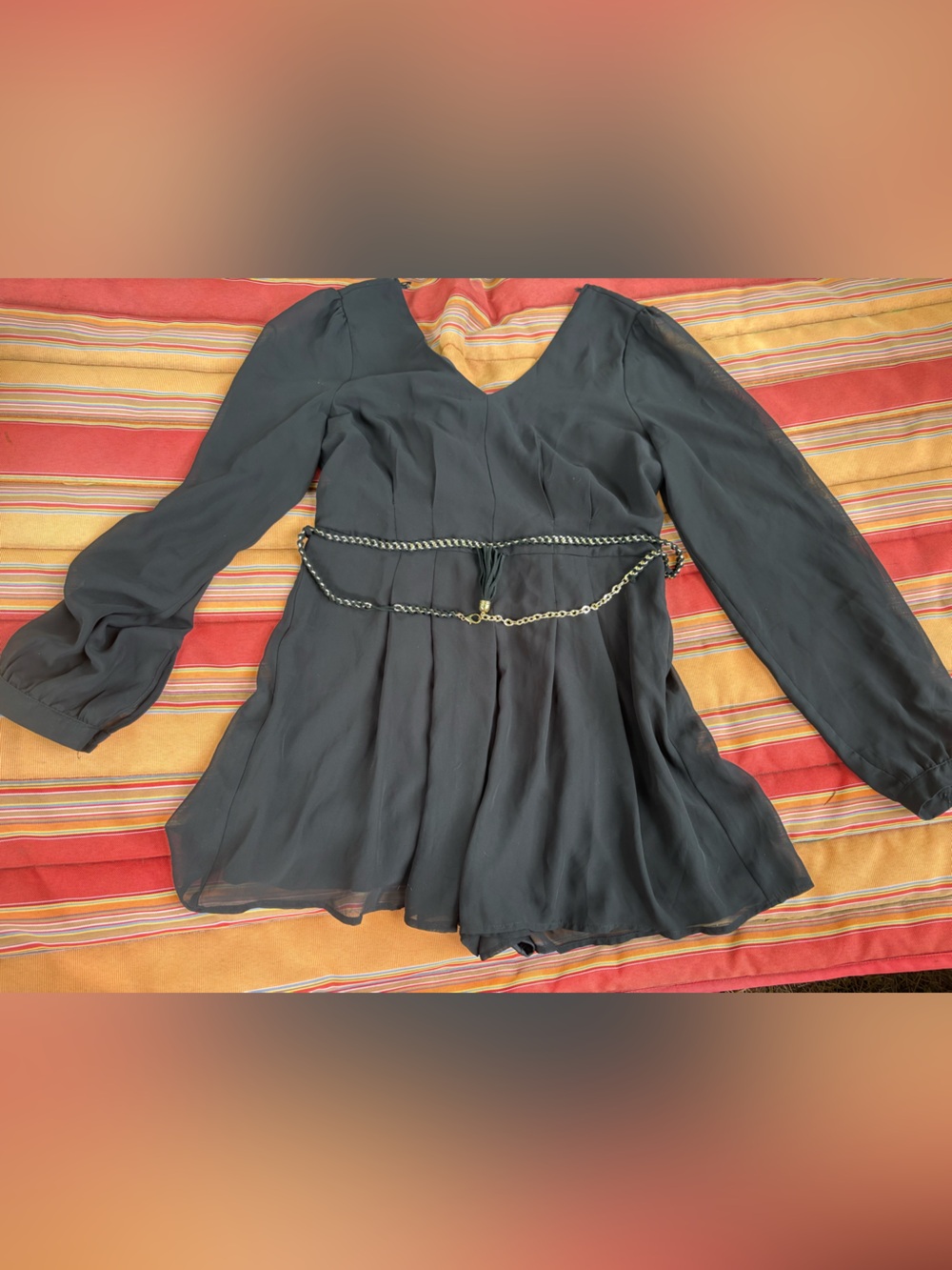Finesse Black Long-Sleeve Chiffon Peplum Dress with Chain Belt